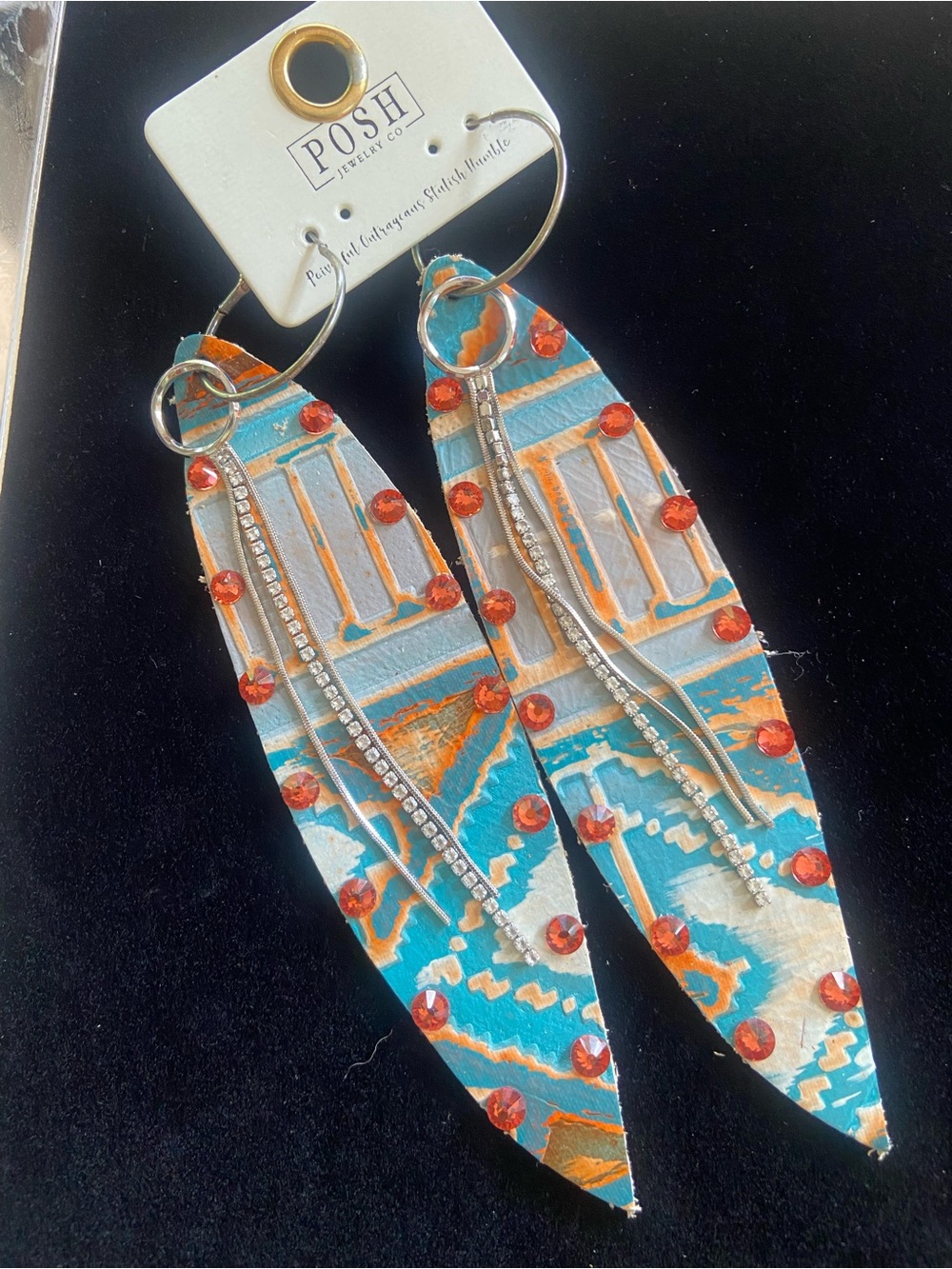 🧡🪶🩵POSH Handmade Turquoise & Orange Leather Beaded Feather-Drop Earrings - Picture 1 of 4